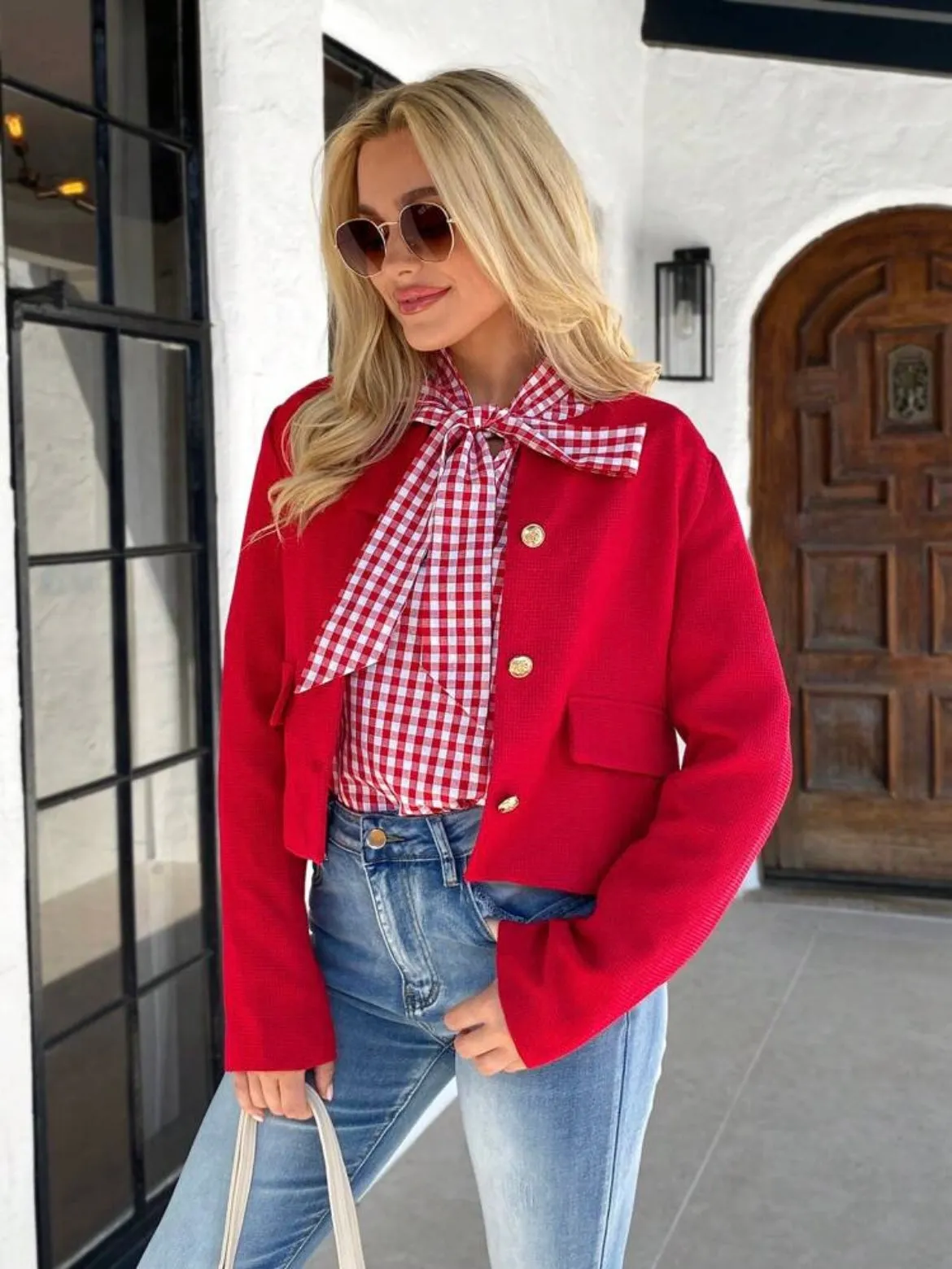 CM-CS061171 Women Casual Seoul Style Long Sleeve Textured Fabric Short Jacket - Red