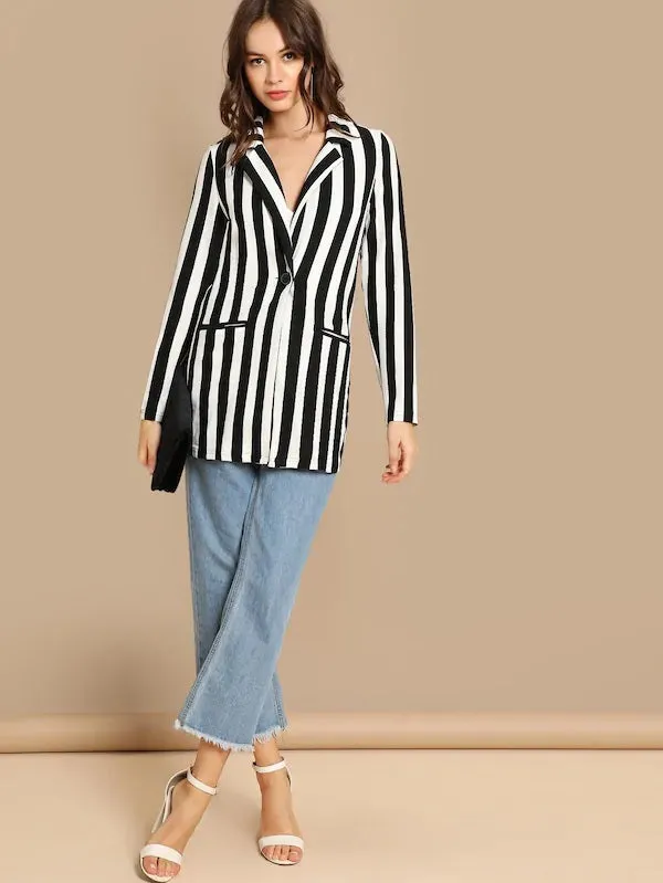 CM-CS727702 Women Elegant Seoul Style Notch Collar Striped Textured Blazer