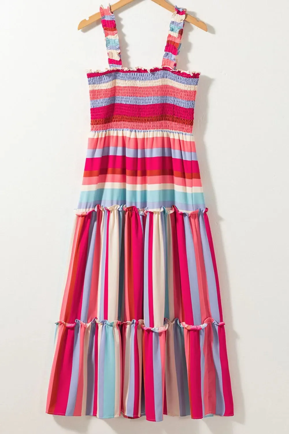 Contrast Stripe Wide Strap Smocked Tiered Dress