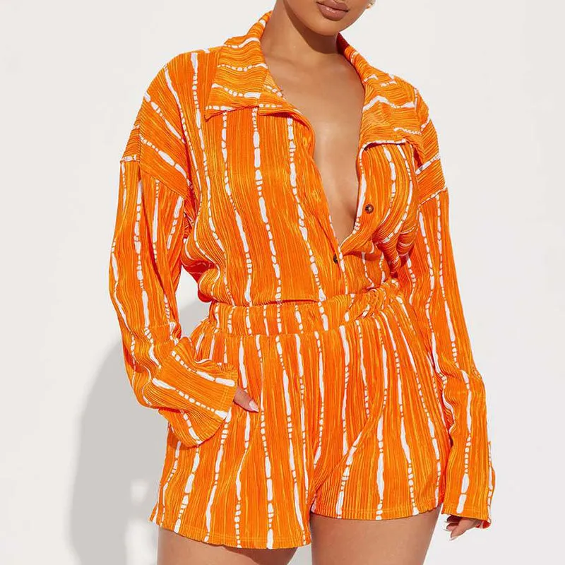 Corlorful Print Textured 2PCS Shorts Set