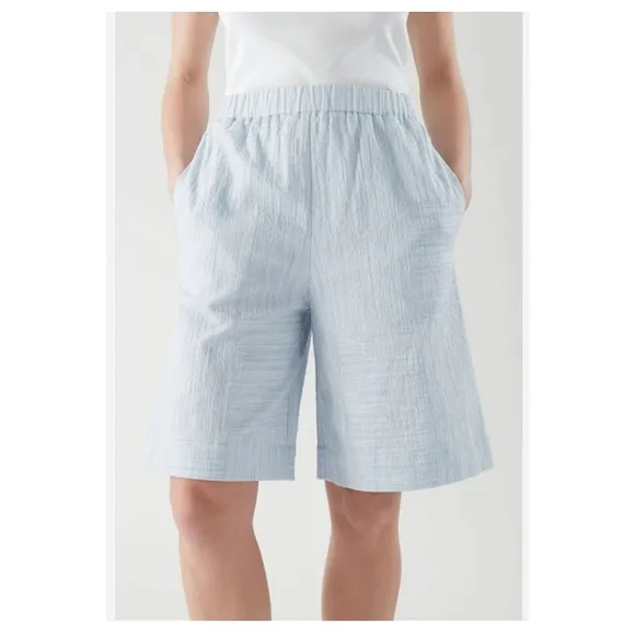 COS Seersucker Cotton Shorts Blue White Stripe Size Medium