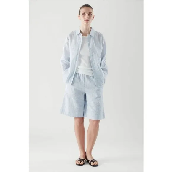 COS Seersucker Cotton Shorts Blue White Stripe Size Medium