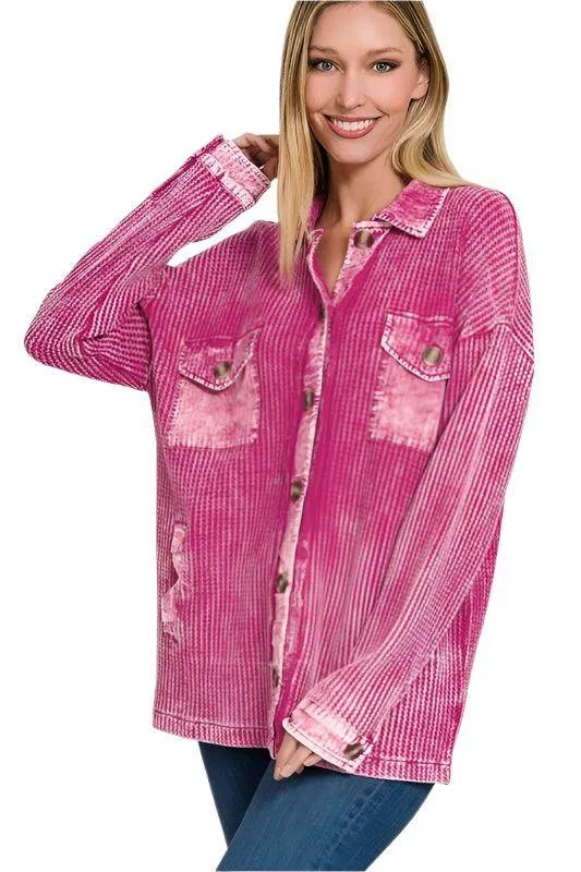 Cotton Waffle Acid Wash Shacket