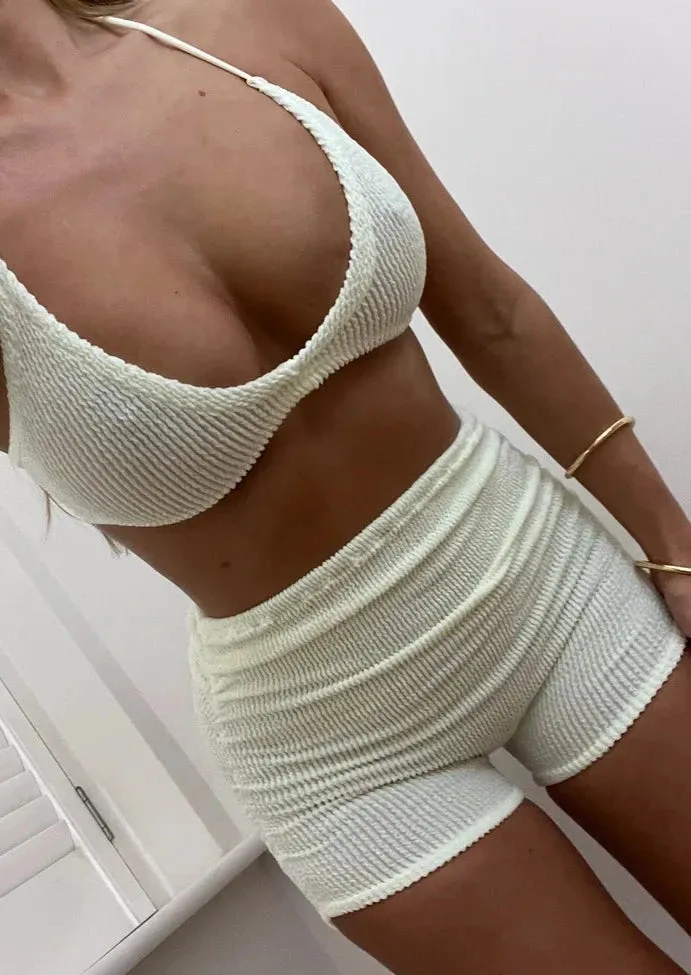 Crinkle Get Ruched Shorts Co-Ord in Cream