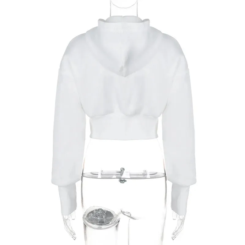 Cropped Zip Up Hoodies for Women - Hooded Zipper Jacket Streetwear Fleece Sweatshirt in White and Black