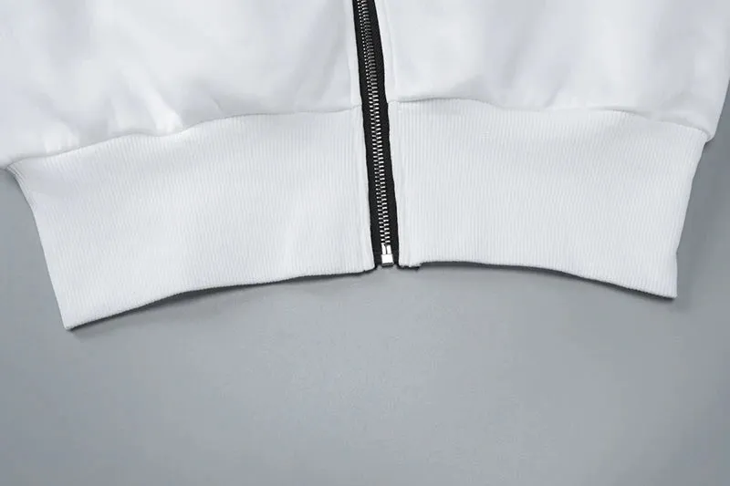 Cropped Zip Up Hoodies for Women - Hooded Zipper Jacket Streetwear Fleece Sweatshirt in White and Black
