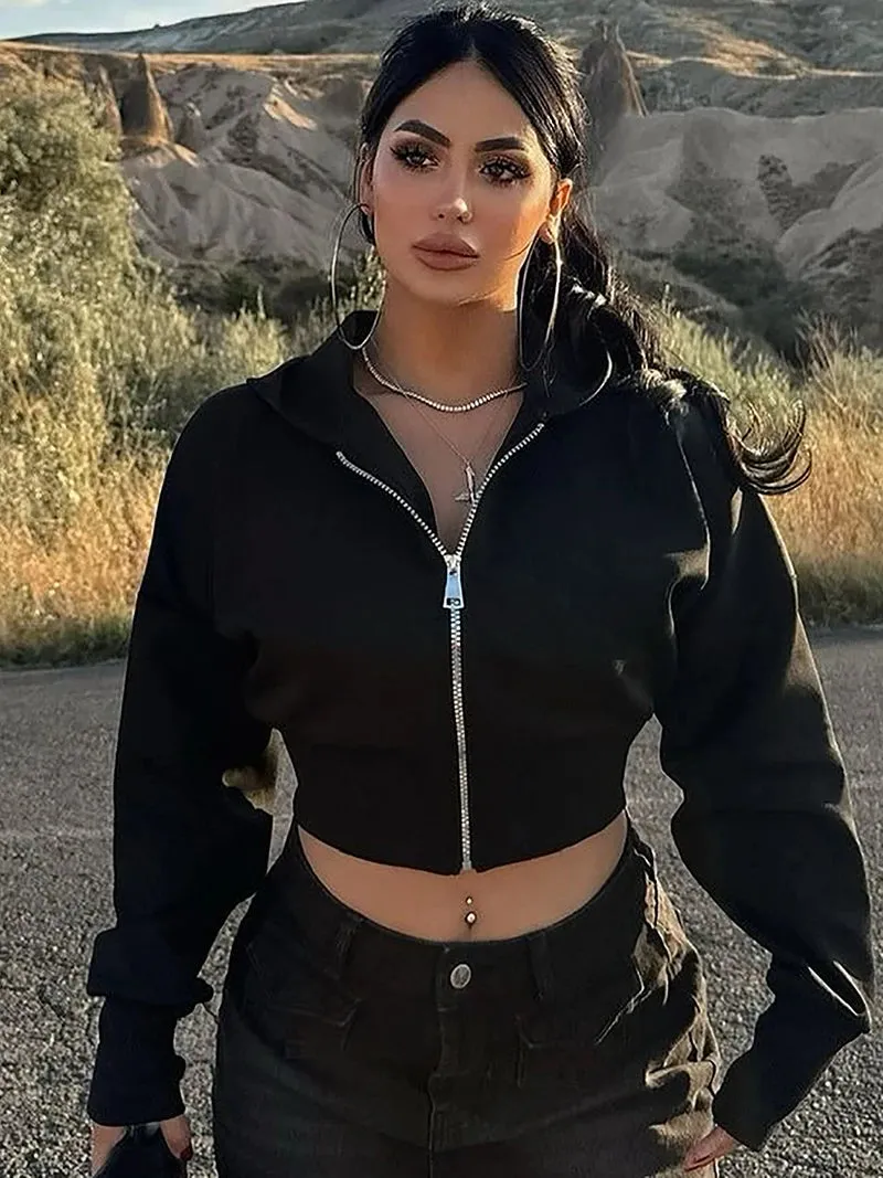 Cropped Zip Up Hoodies for Women - Hooded Zipper Jacket Streetwear Fleece Sweatshirt in White and Black