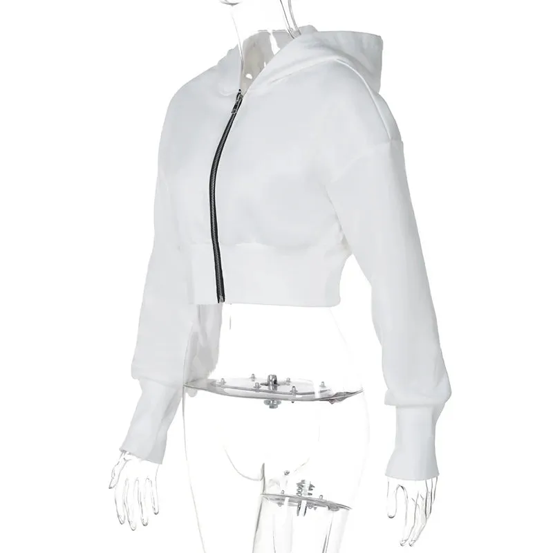 Cropped Zip Up Hoodies for Women - Hooded Zipper Jacket Streetwear Fleece Sweatshirt in White and Black