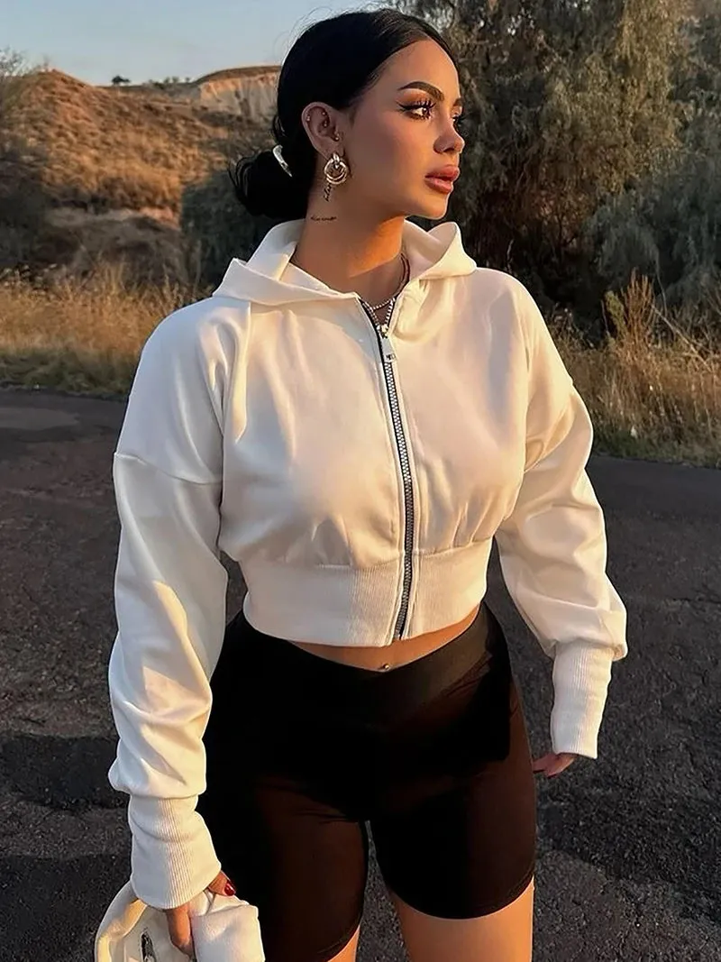 Cropped Zip Up Hoodies for Women - Hooded Zipper Jacket Streetwear Fleece Sweatshirt in White and Black