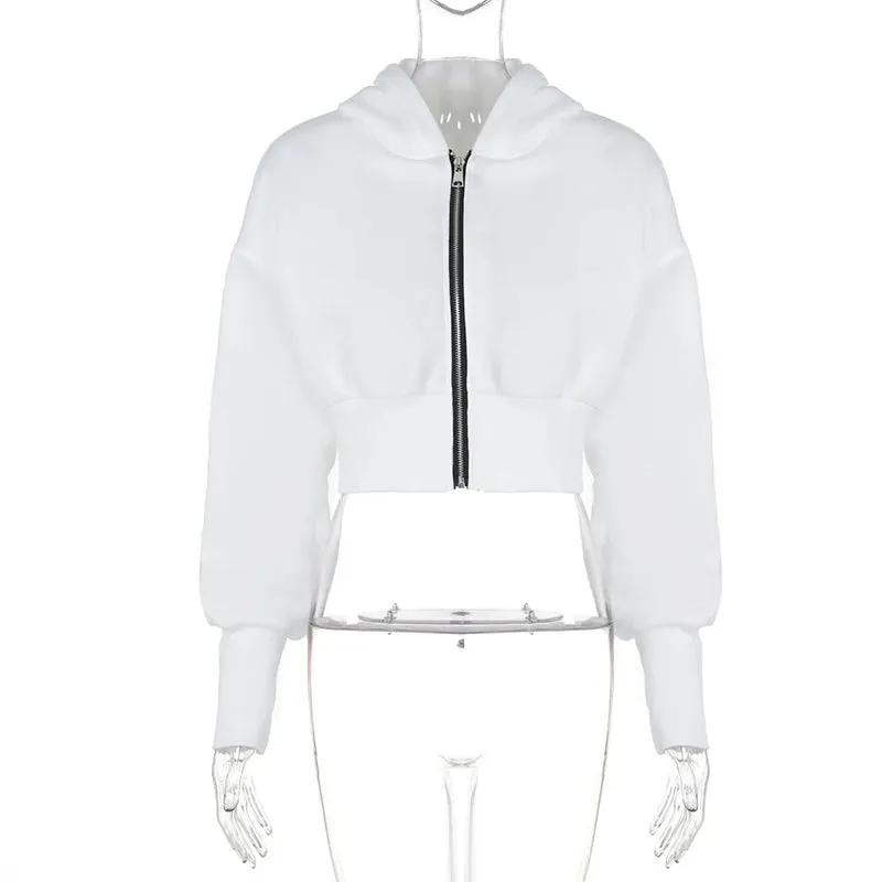 Cropped Zip Up Hoodies for Women - Hooded Zipper Jacket Streetwear Fleece Sweatshirt in White and Black