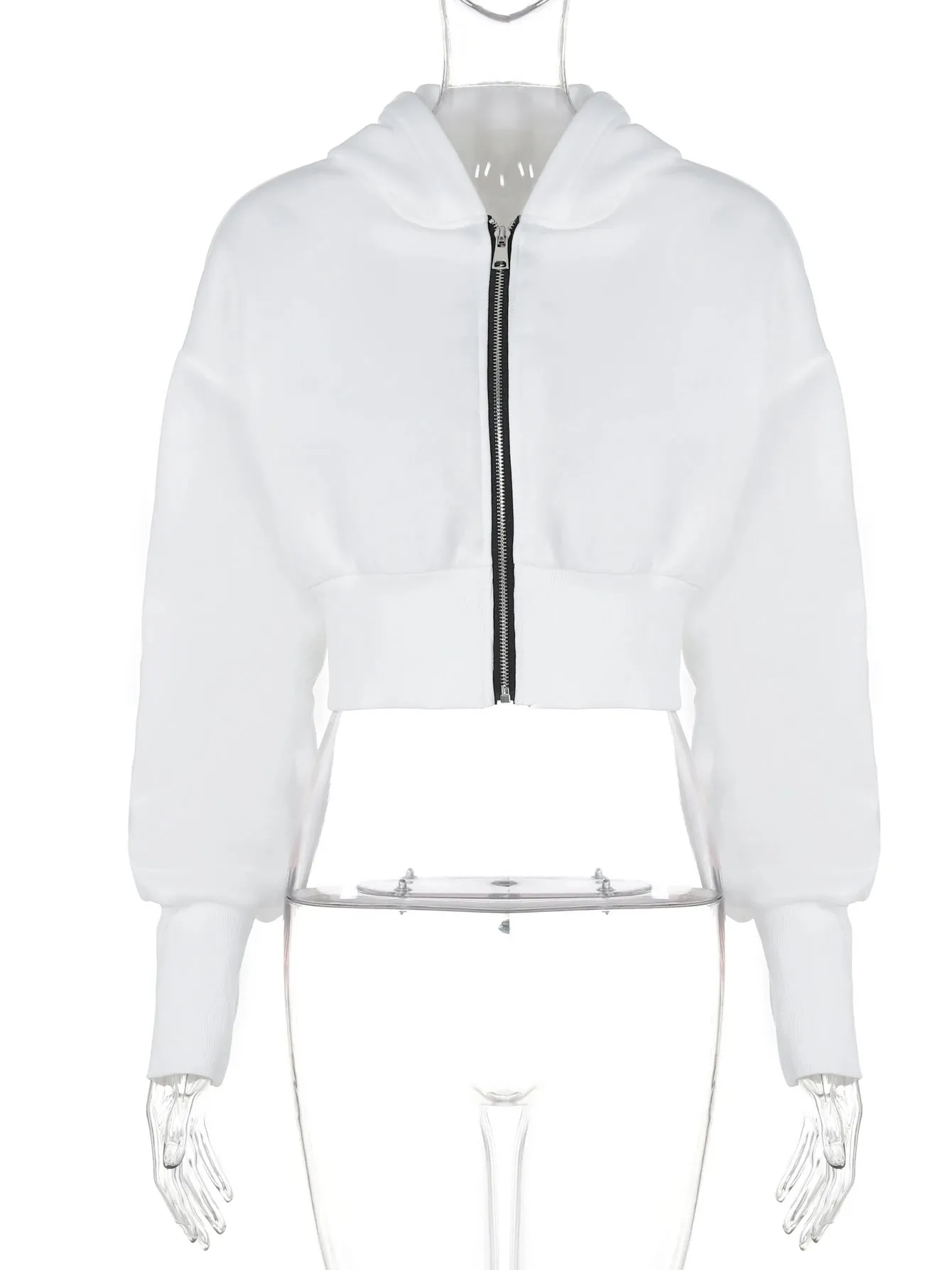 Cropped Zip Up Hoodies for Women - Hooded Zipper Jacket Streetwear Fleece Sweatshirt in White and Black
