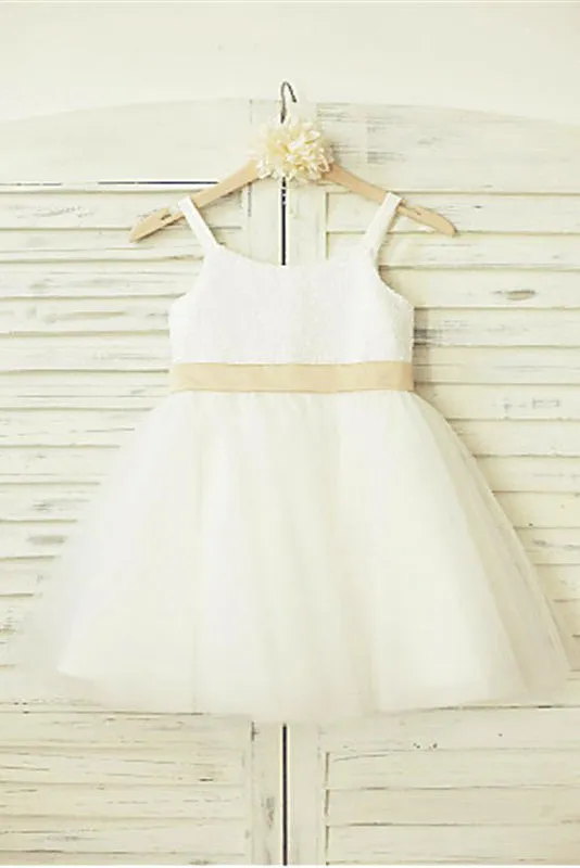 Cute A-line Spaghetti Straps Sleeveless Bowknot Floor-Length Tulle Flower Girl Dress OK719