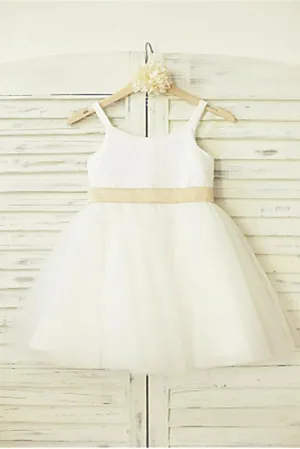 Cute A-line Spaghetti Straps Sleeveless Bowknot Floor-Length Tulle Flower Girl Dress OK719