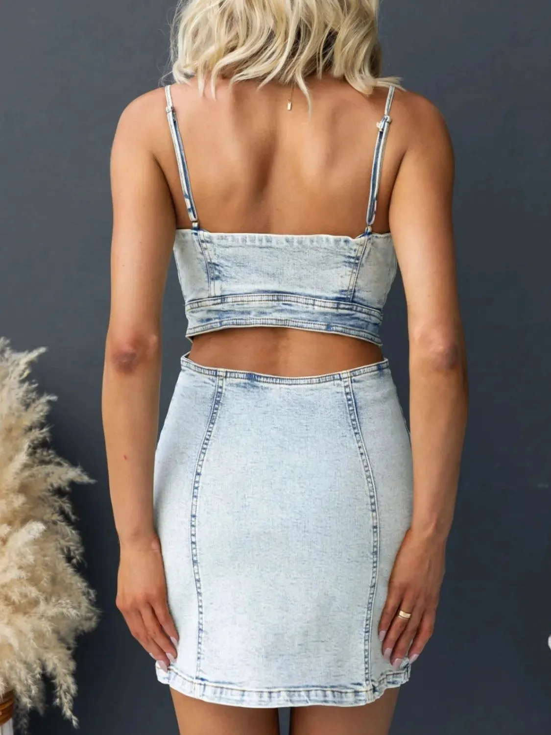 Cutout Back Sweetheart Neck Denim Cami Dress