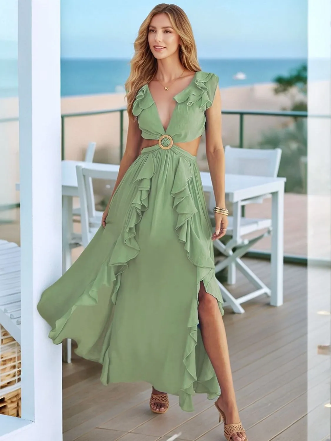 Cutout Ruffled Cap Sleeve Maxi Dress
