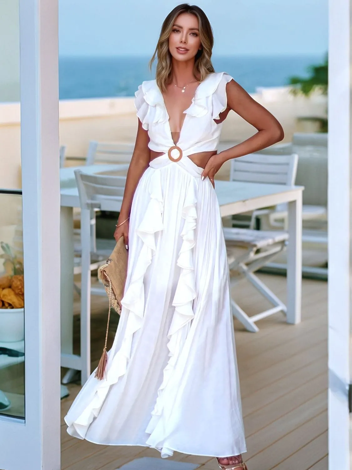 Cutout Ruffled Cap Sleeve Maxi Dress