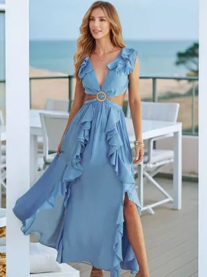Cutout Ruffled Cap Sleeve Maxi Dress