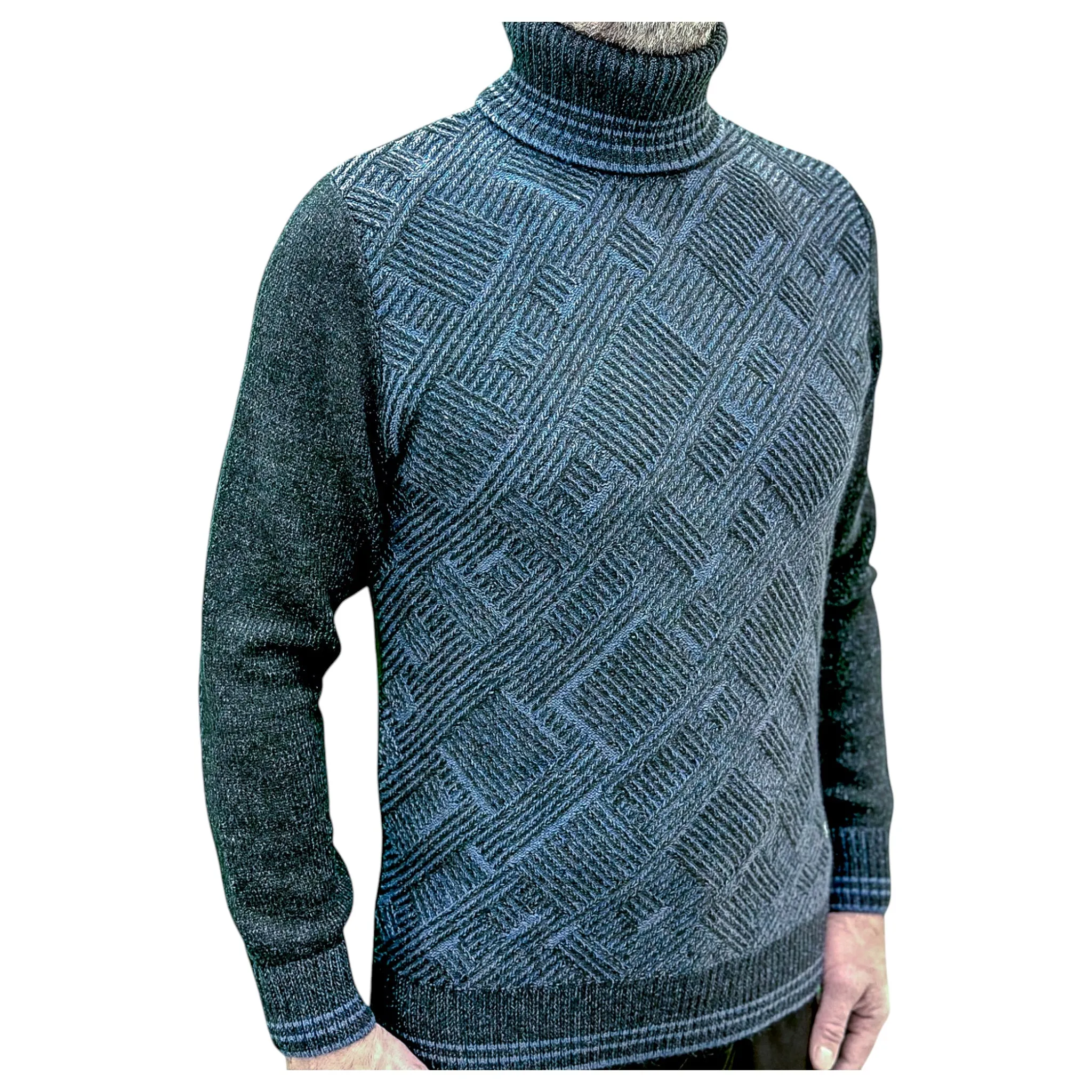 Dark and Light Blue Patterned  Men's Chunky Turtleneck Sweater -100% Real  Wool