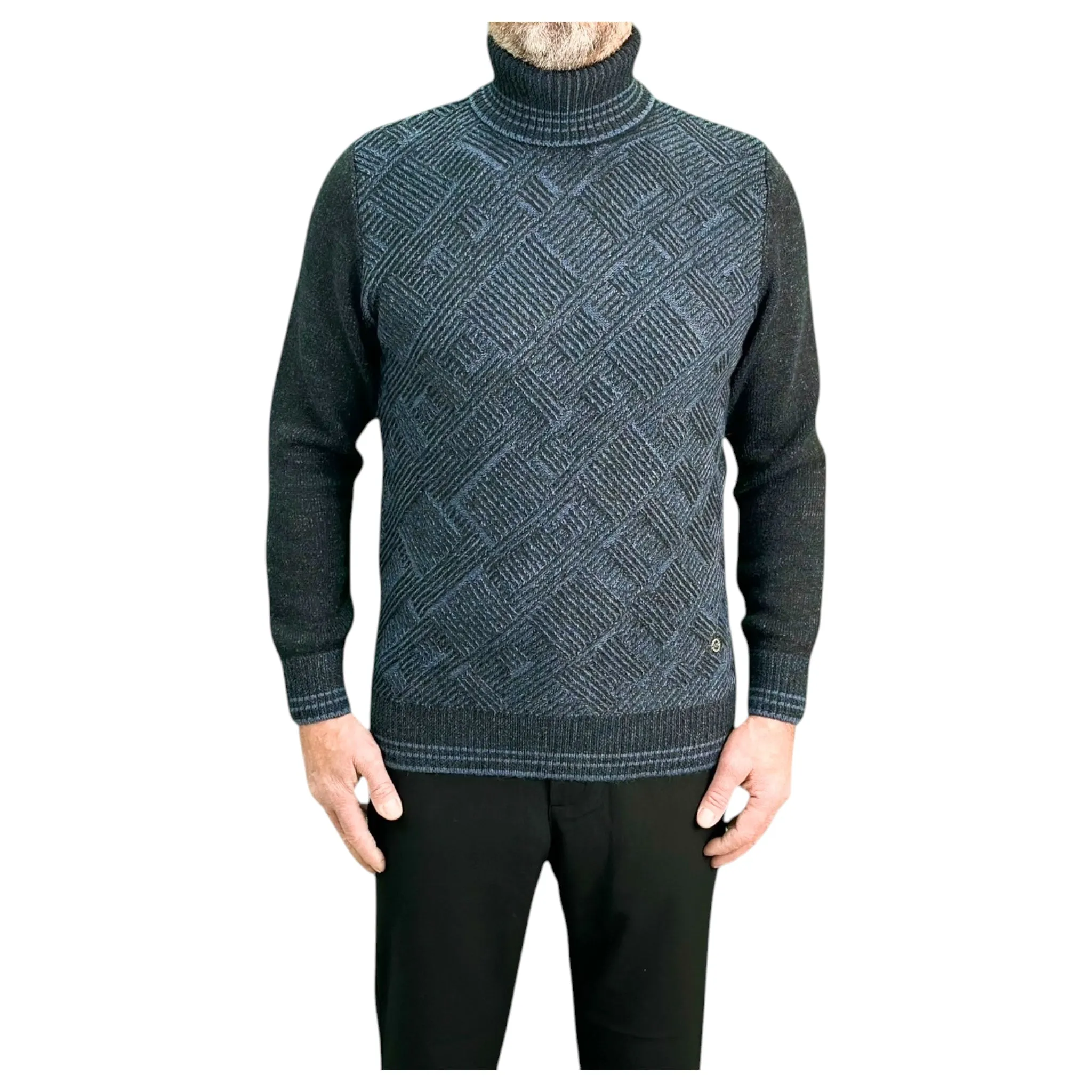 Dark and Light Blue Patterned  Men's Chunky Turtleneck Sweater -100% Real  Wool