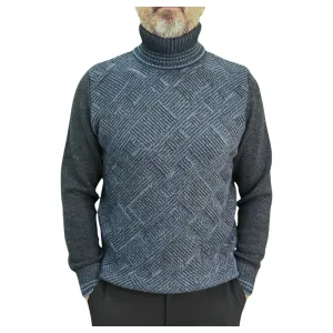 Dark and Light Blue Patterned  Men's Chunky Turtleneck Sweater -100% Real  Wool