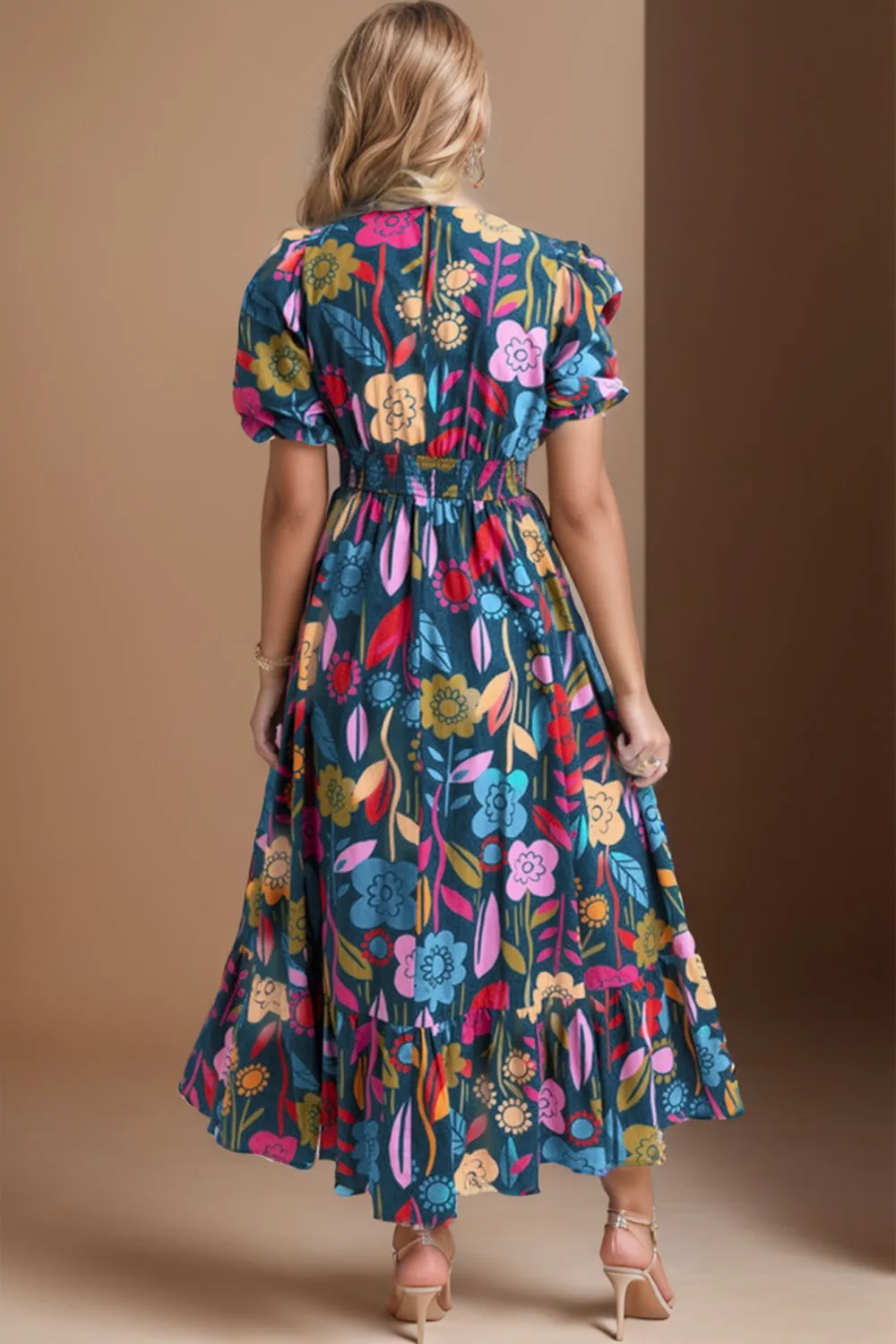 Denton Printed Notched Puff Sleeve Midi Dress