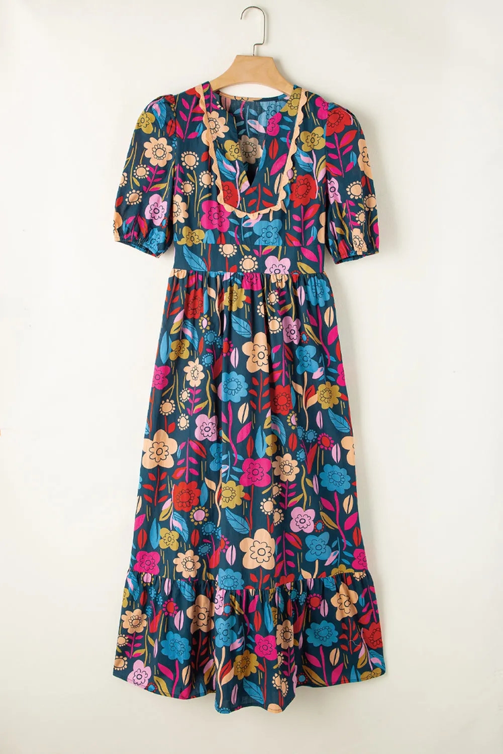 Denton Printed Notched Puff Sleeve Midi Dress