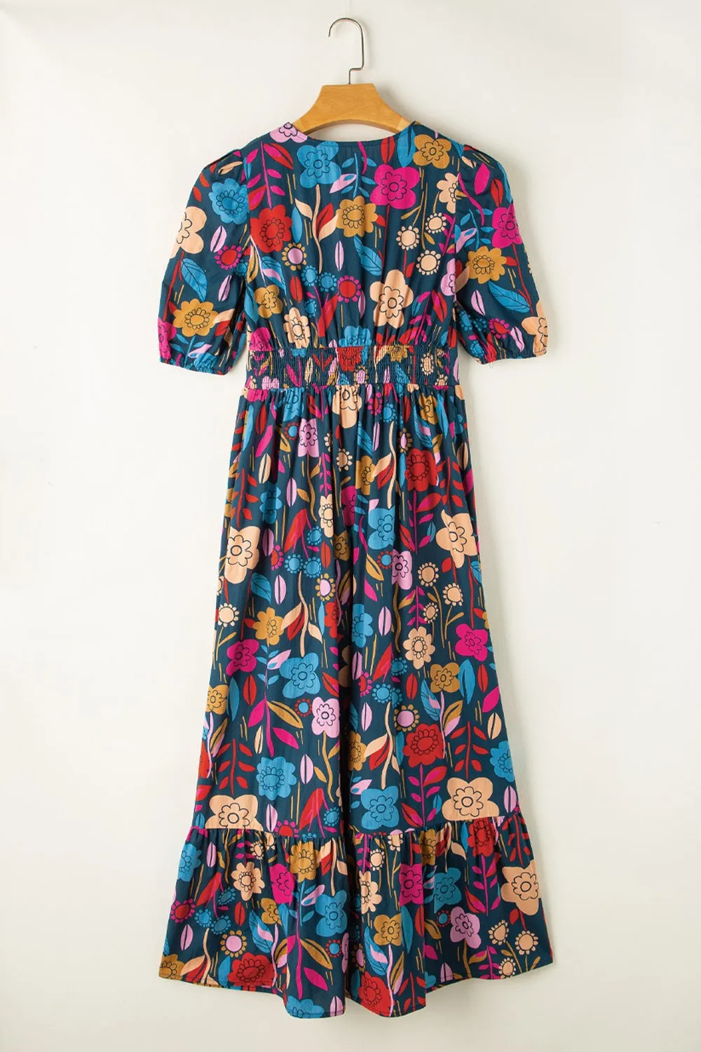 Denton Printed Notched Puff Sleeve Midi Dress