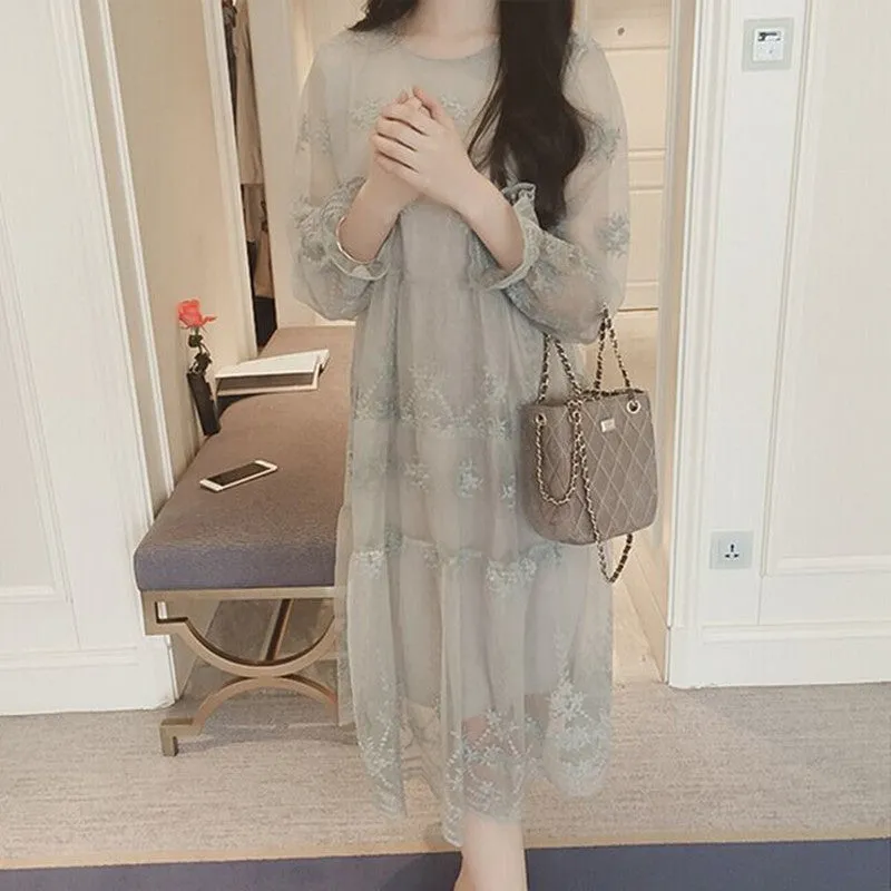 Dress Korean Fashion Ladies Crochet Organza Long Dresses Casual Pregnant Women Dress Plus Size