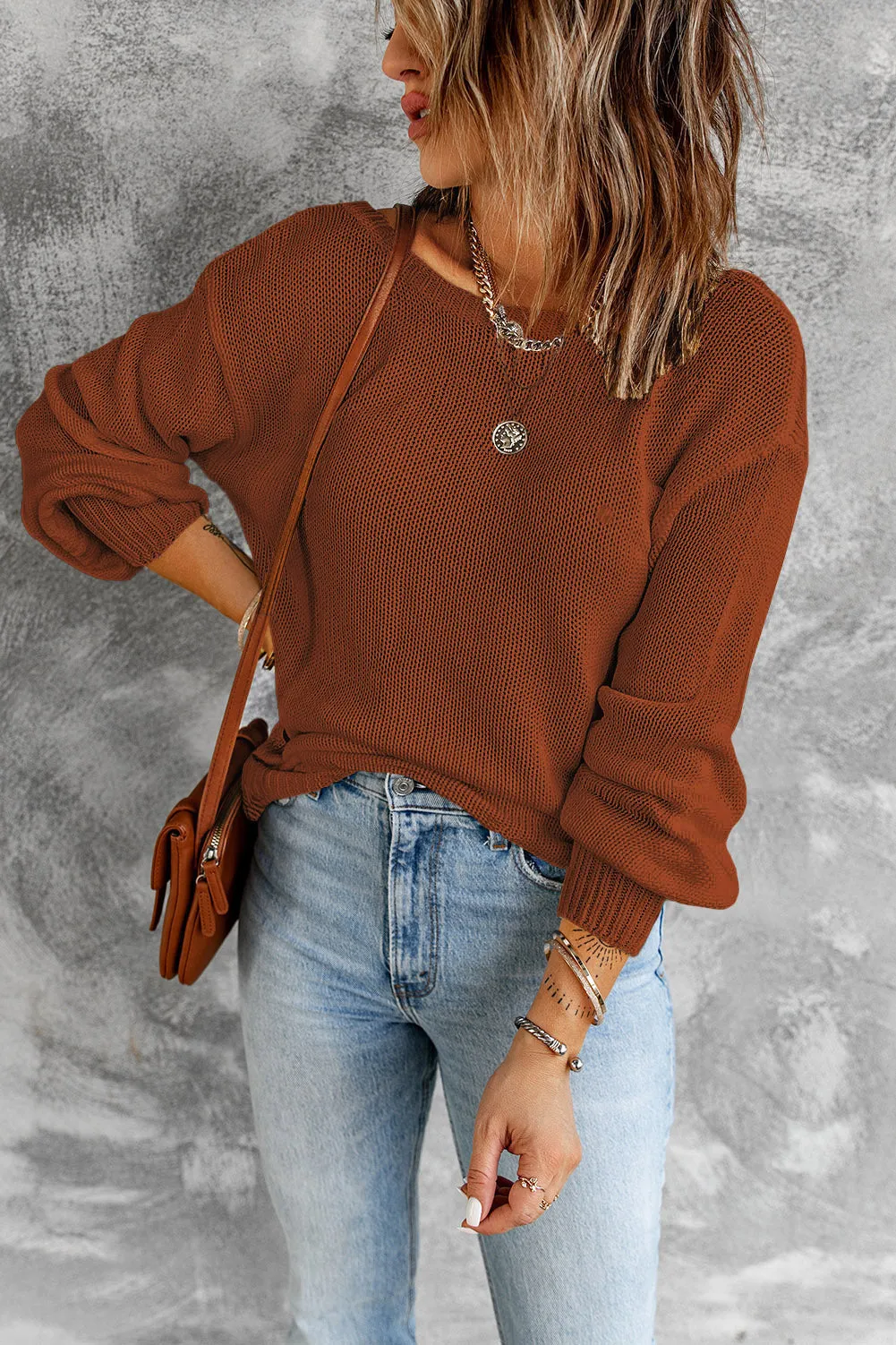 Drop Shoulder Back Cut-out Sweater