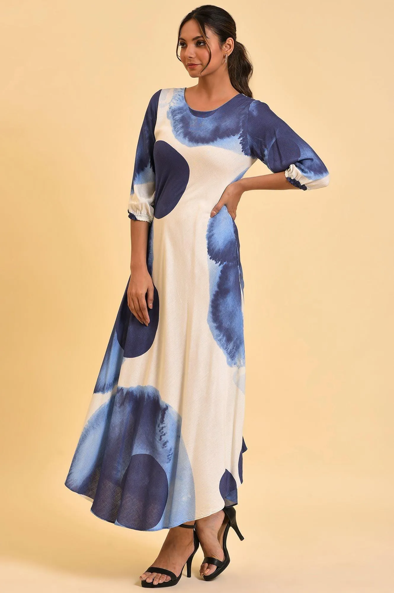 Ecru Flared Dress With Bold Blue Prints