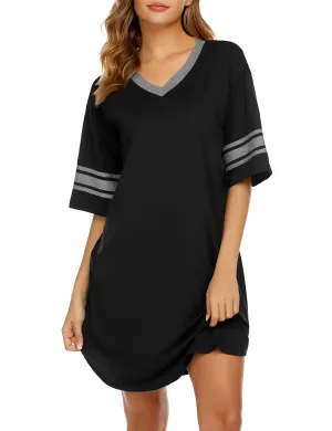 Ekouaer Womens, Nightgown Nightshirt, Cotton Novelty Sleepshirts, V Neck, Short Sleeve, Loose Comfy Pajama Sleepwear, black,