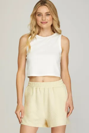ELASTIC WAIST BAND TEXTURED SHORTS WITH SIDE POCKETS