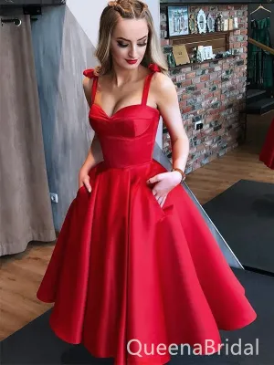 Elegant Red Ruffle Simple Spaghetti Straps Cheap Sleeveless Homecoming Dresses,QB0383