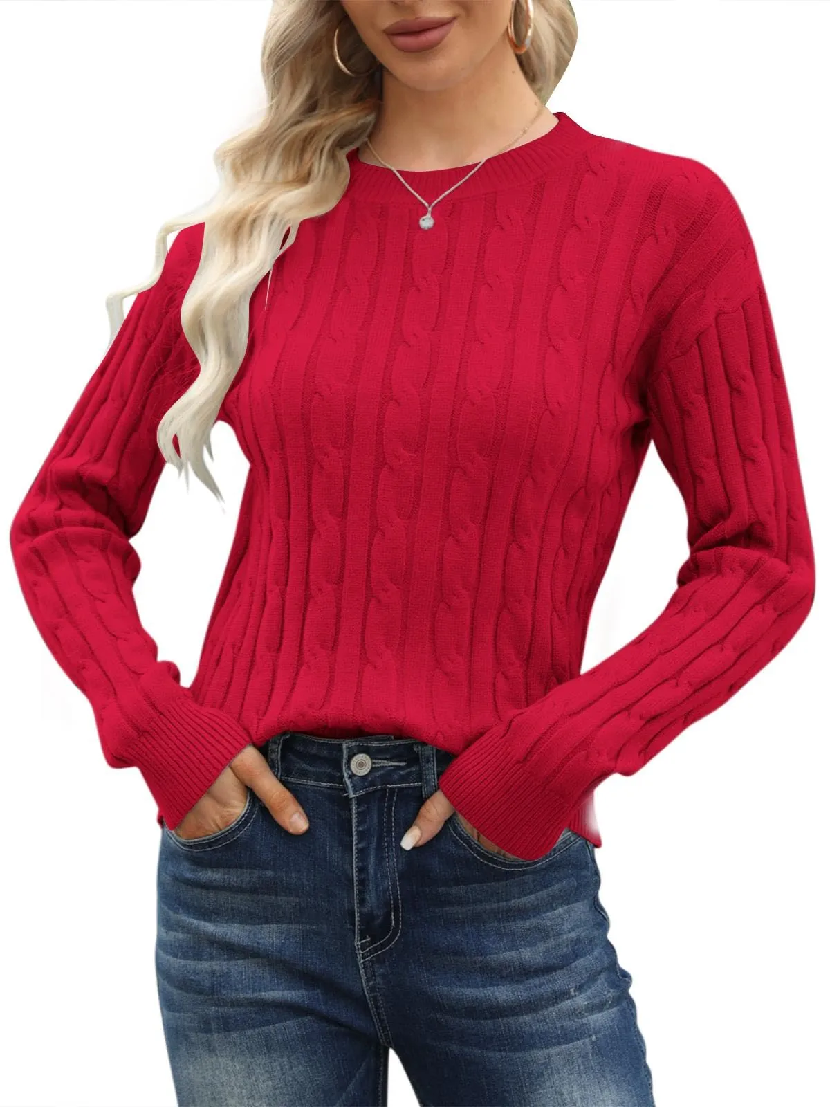 Esobo Women's Classic-fit Lightweight Cable Long Sleeve Mockneck Loose Casual Sweater Jumpers
