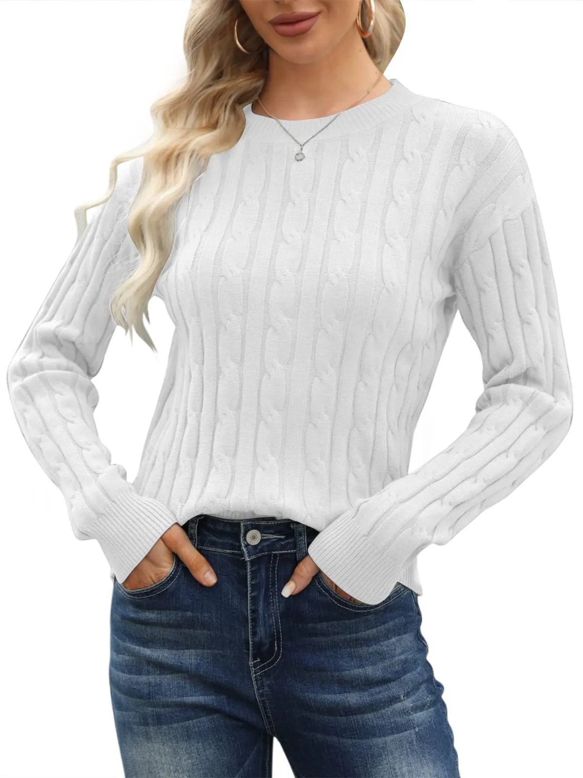 Esobo Women's Classic-fit Lightweight Cable Long Sleeve Mockneck Loose Casual Sweater Jumpers