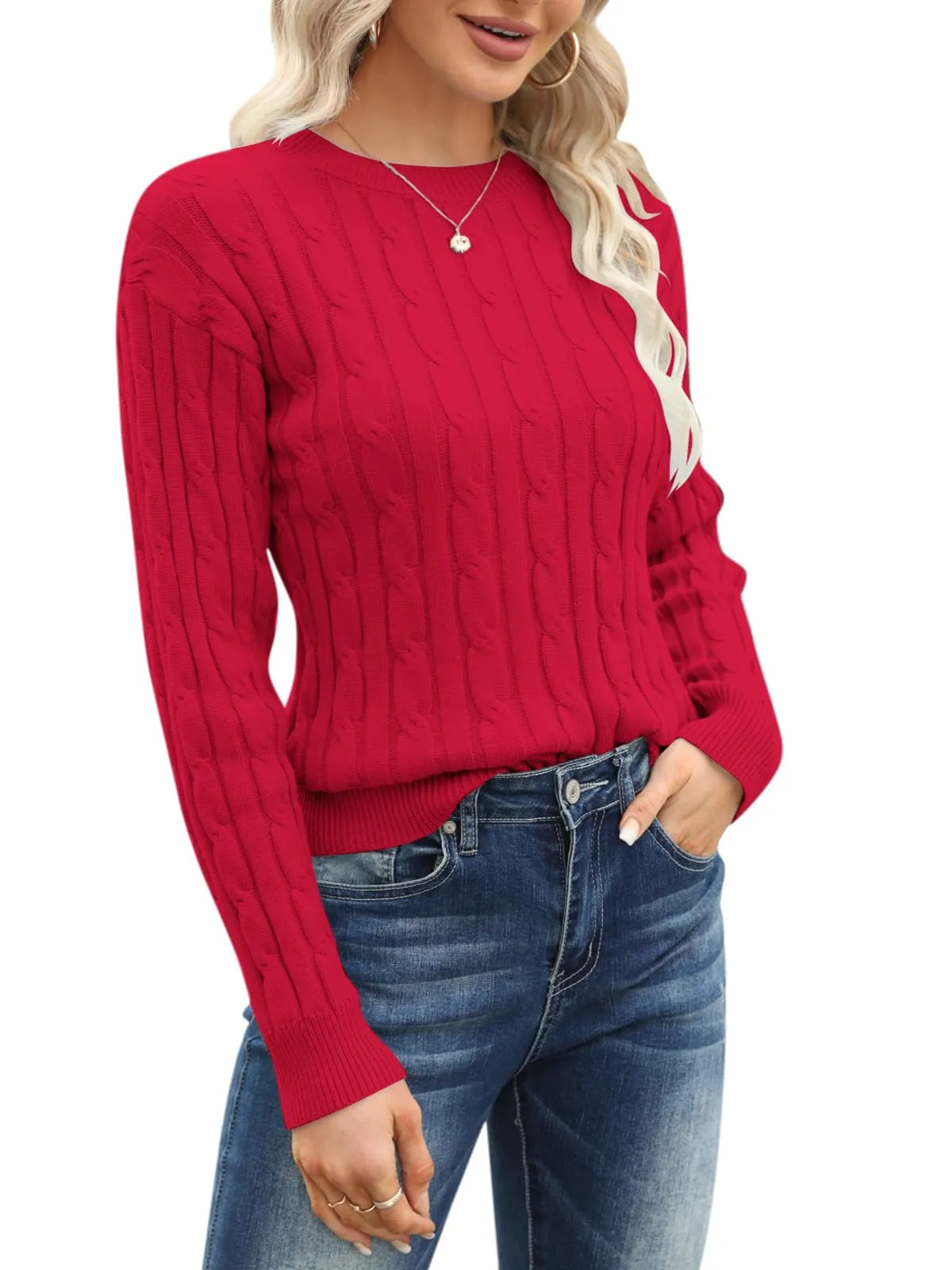 Esobo Women's Classic-fit Lightweight Cable Long Sleeve Mockneck Loose Casual Sweater Jumpers