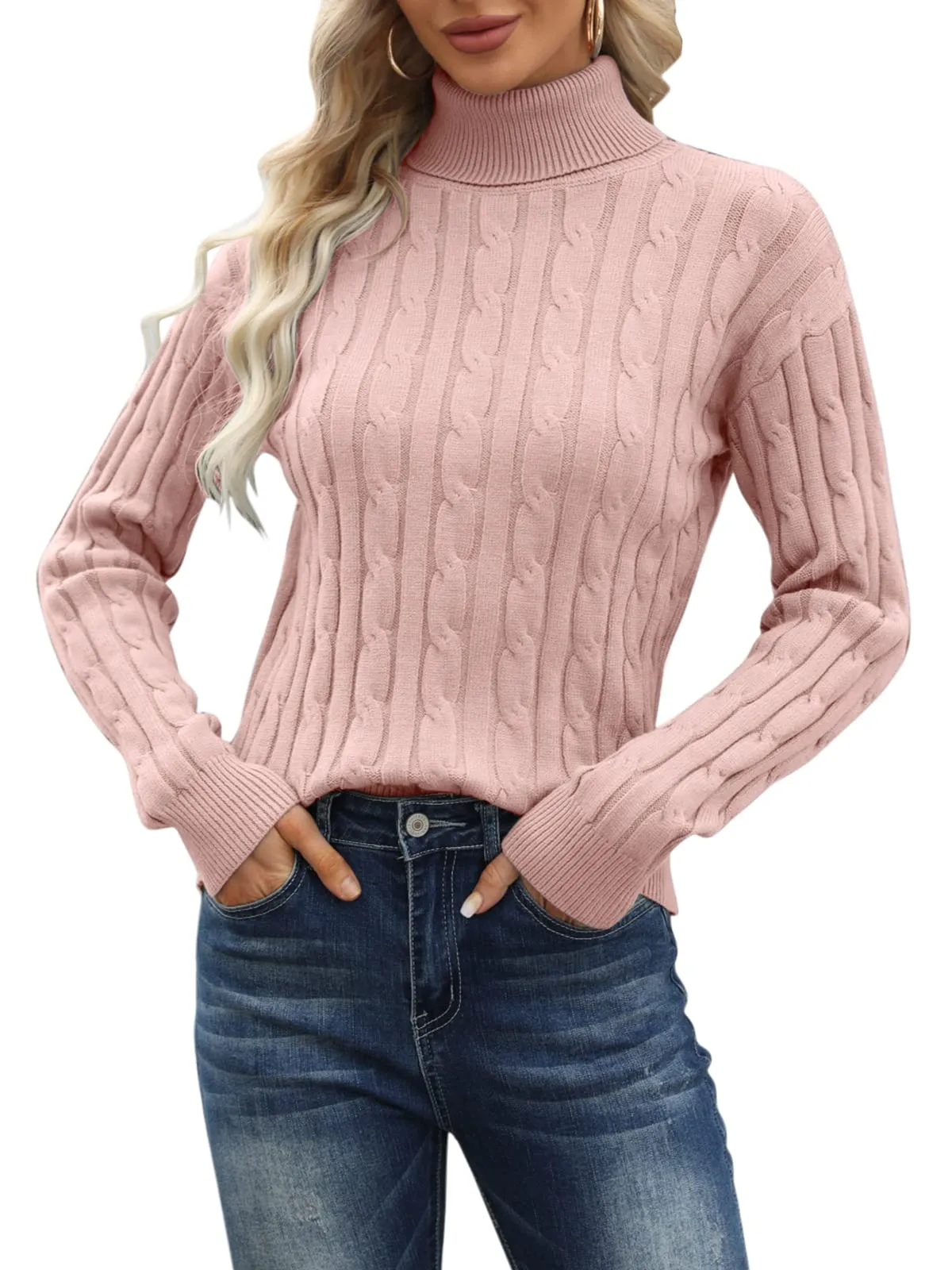 Esobo Women's Classic-fit Lightweight Cable Long Sleeve Mockneck Loose Casual Sweater Jumpers