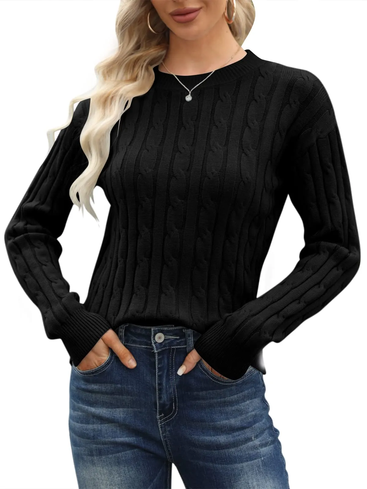 Esobo Women's Classic-fit Lightweight Cable Long Sleeve Mockneck Loose Casual Sweater Jumpers