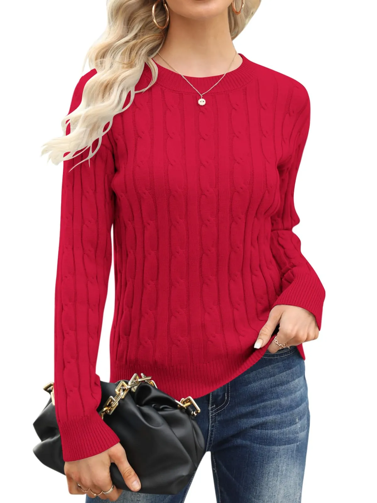 Esobo Women's Classic-fit Lightweight Cable Long Sleeve Mockneck Loose Casual Sweater Jumpers