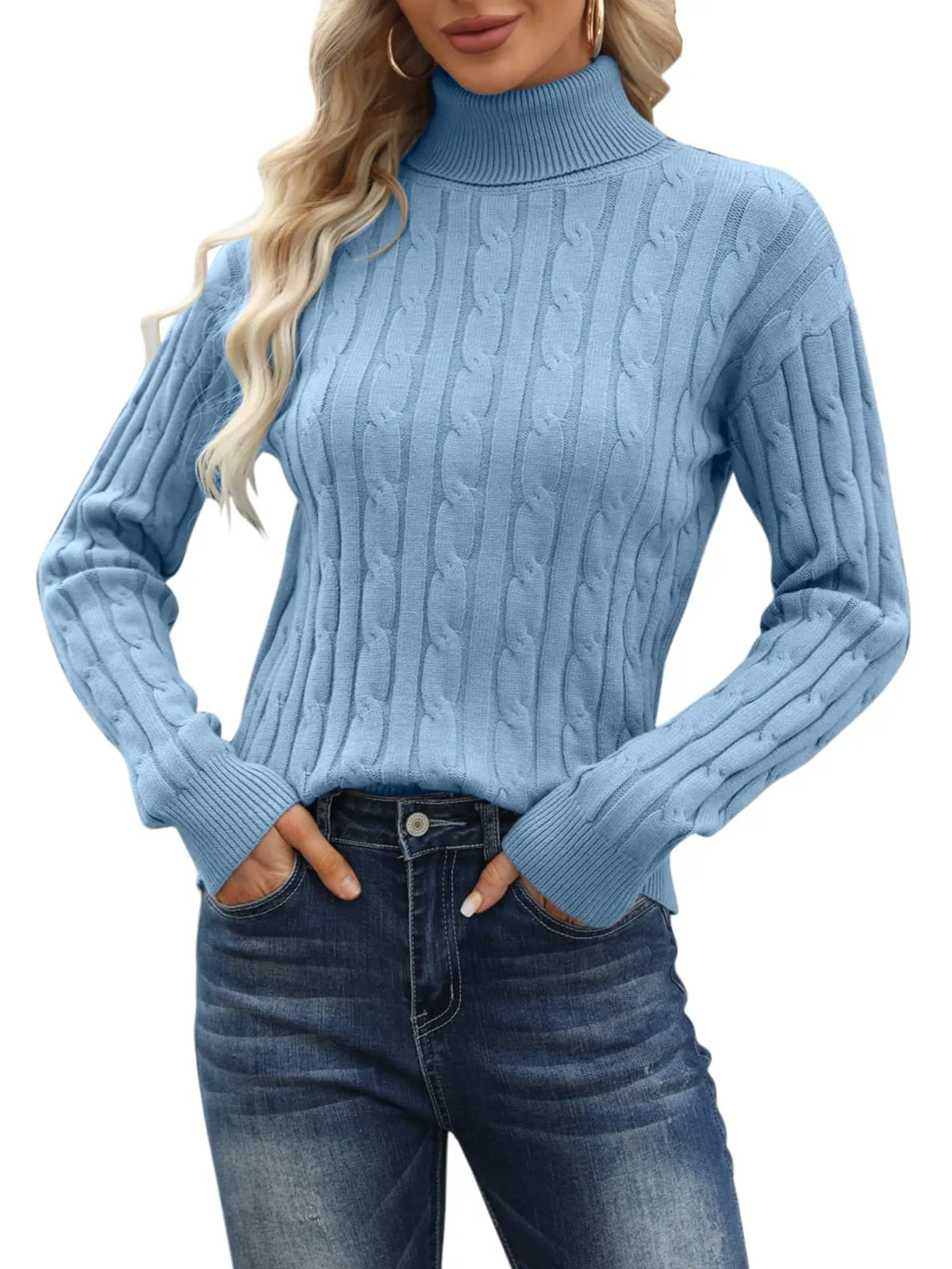 Esobo Women's Classic-fit Lightweight Cable Long Sleeve Mockneck Loose Casual Sweater Jumpers