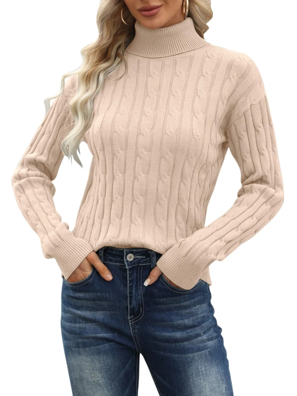Esobo Women's Classic-fit Lightweight Cable Long Sleeve Mockneck Loose Casual Sweater Jumpers