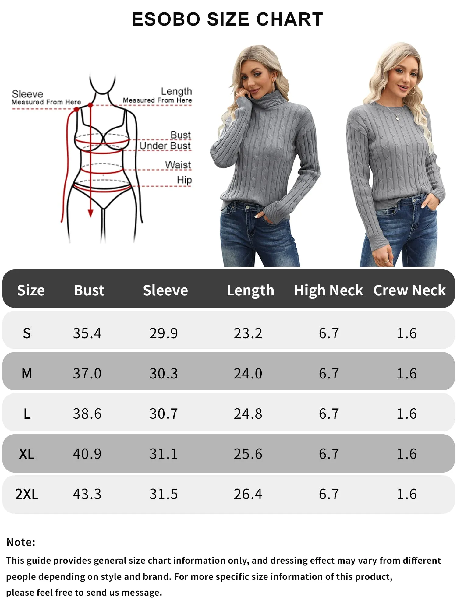 Esobo Women's Classic-fit Lightweight Cable Long Sleeve Mockneck Loose Casual Sweater Jumpers