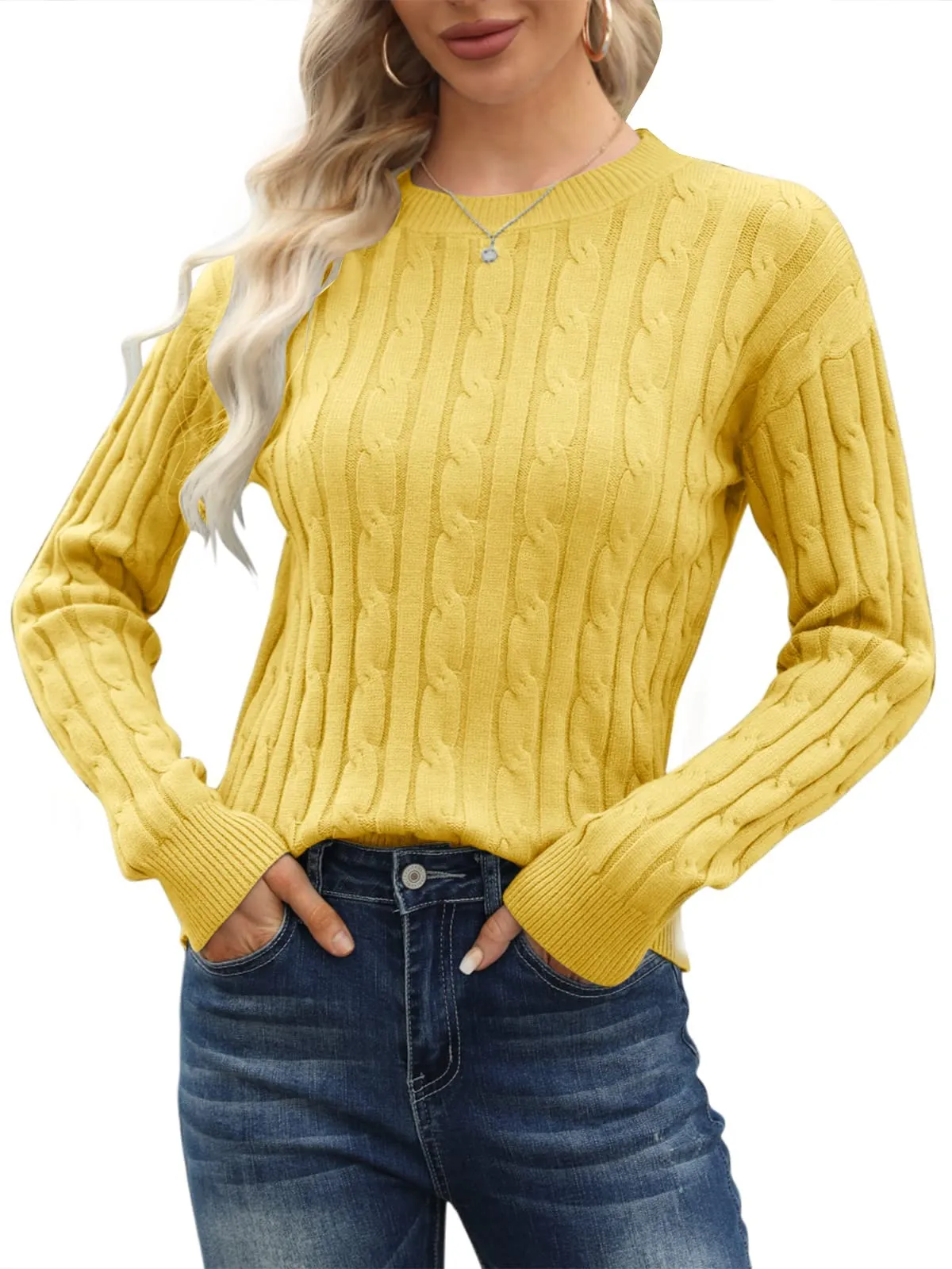 Esobo Women's Classic-fit Lightweight Cable Long Sleeve Mockneck Loose Casual Sweater Jumpers