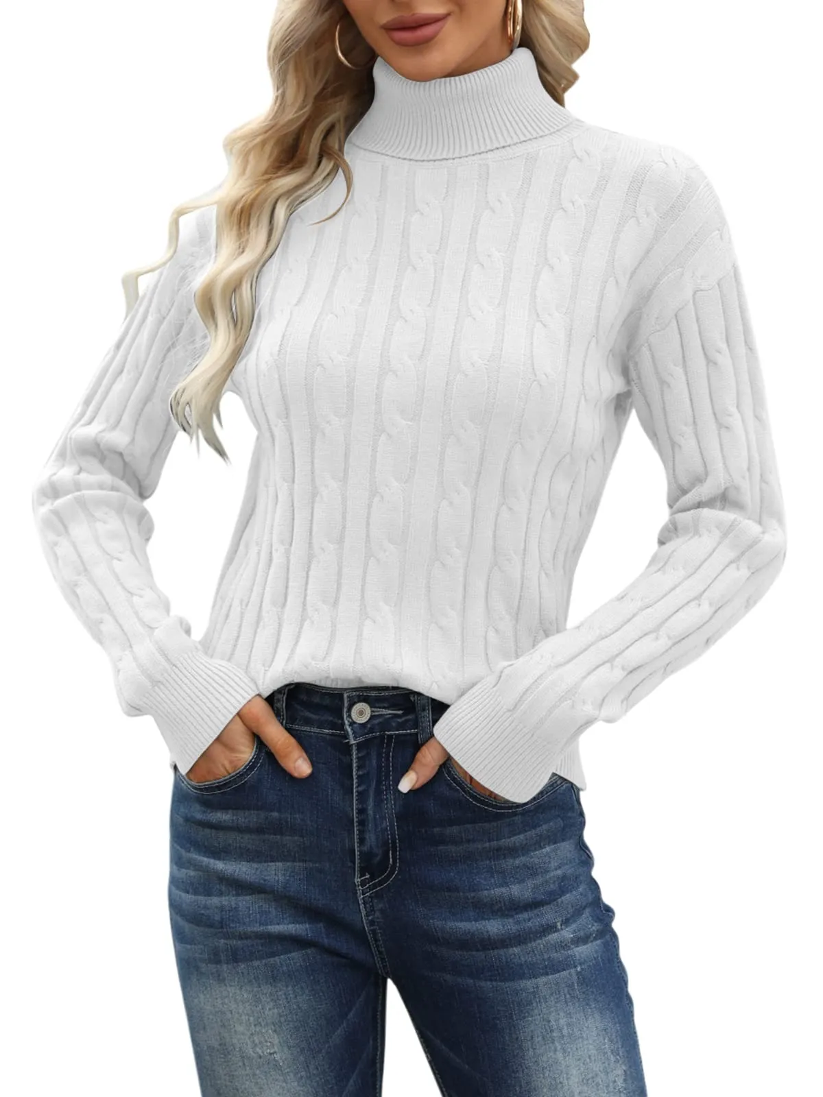 Esobo Women's Classic-fit Lightweight Cable Long Sleeve Mockneck Loose Casual Sweater Jumpers