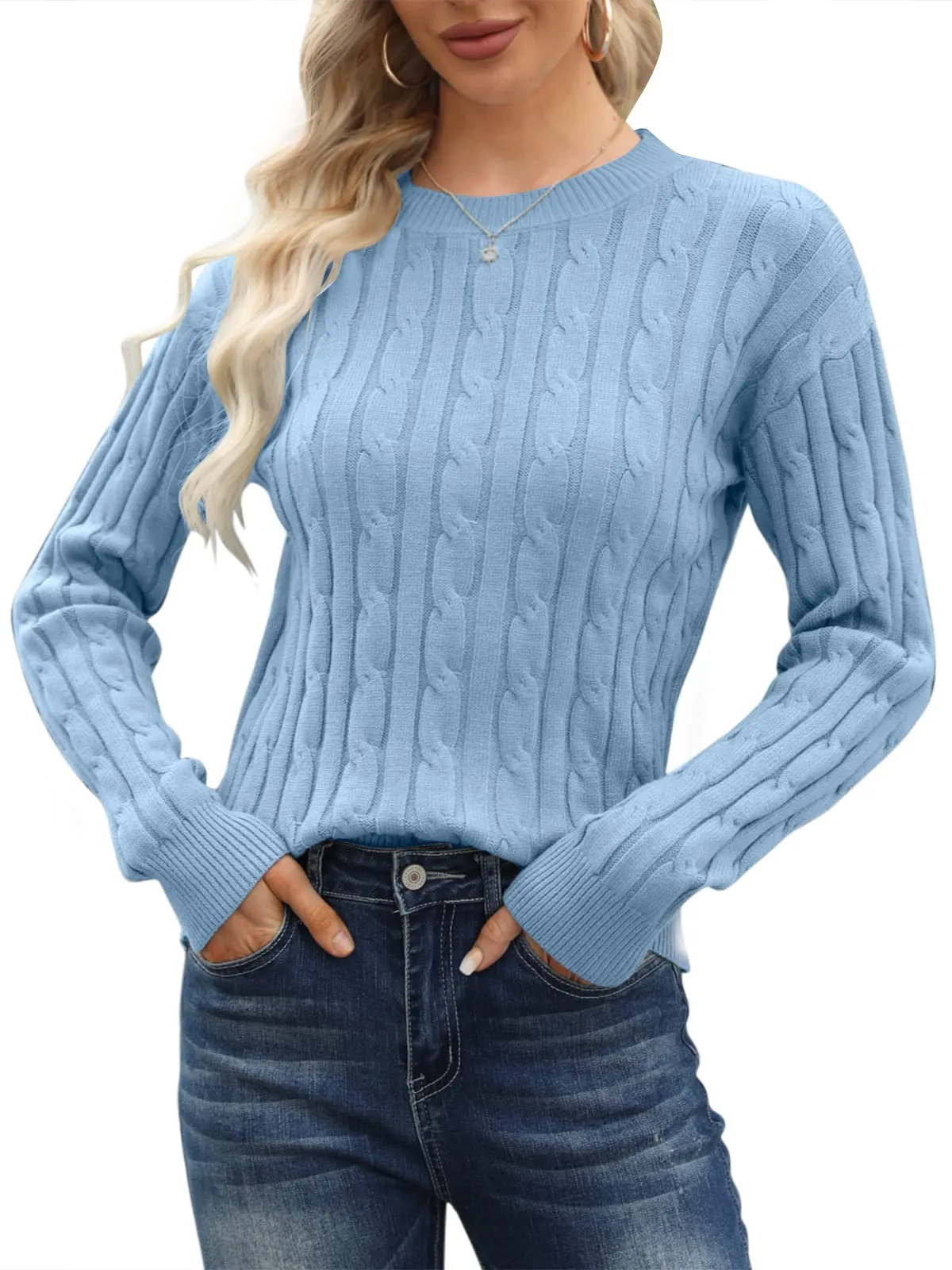Esobo Women's Classic-fit Lightweight Cable Long Sleeve Mockneck Loose Casual Sweater Jumpers