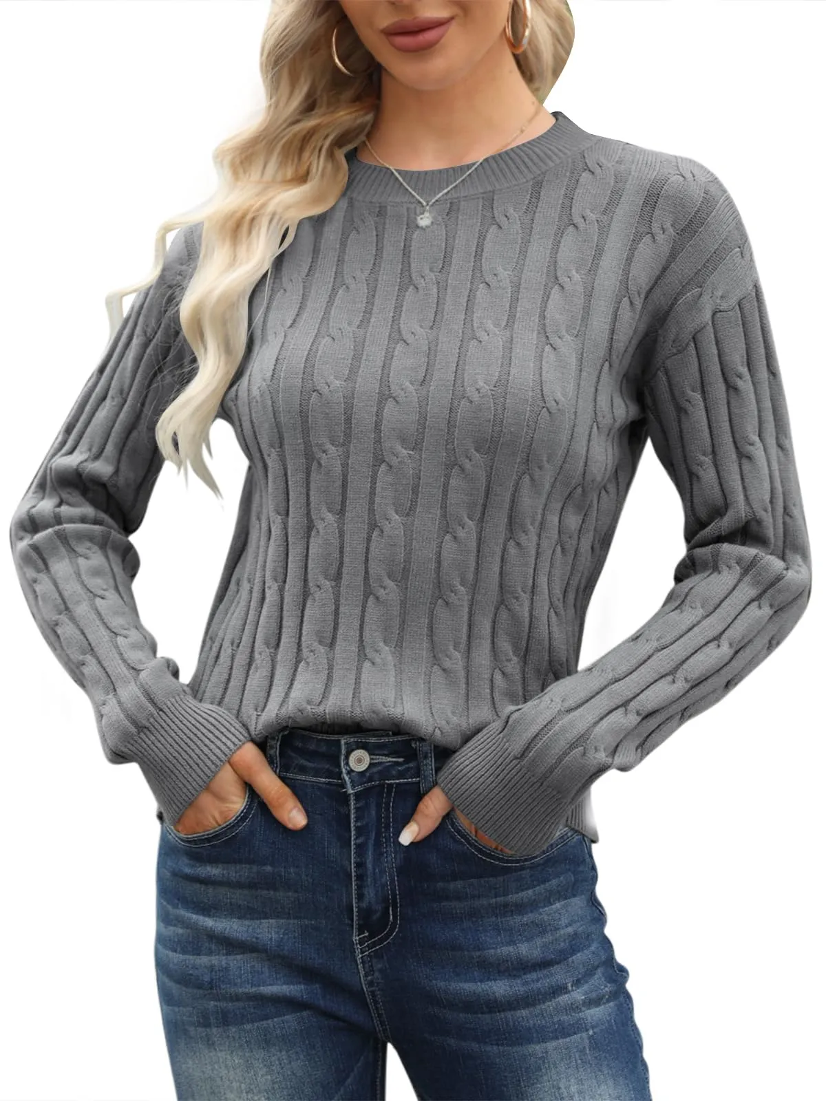 Esobo Women's Classic-fit Lightweight Cable Long Sleeve Mockneck Loose Casual Sweater Jumpers