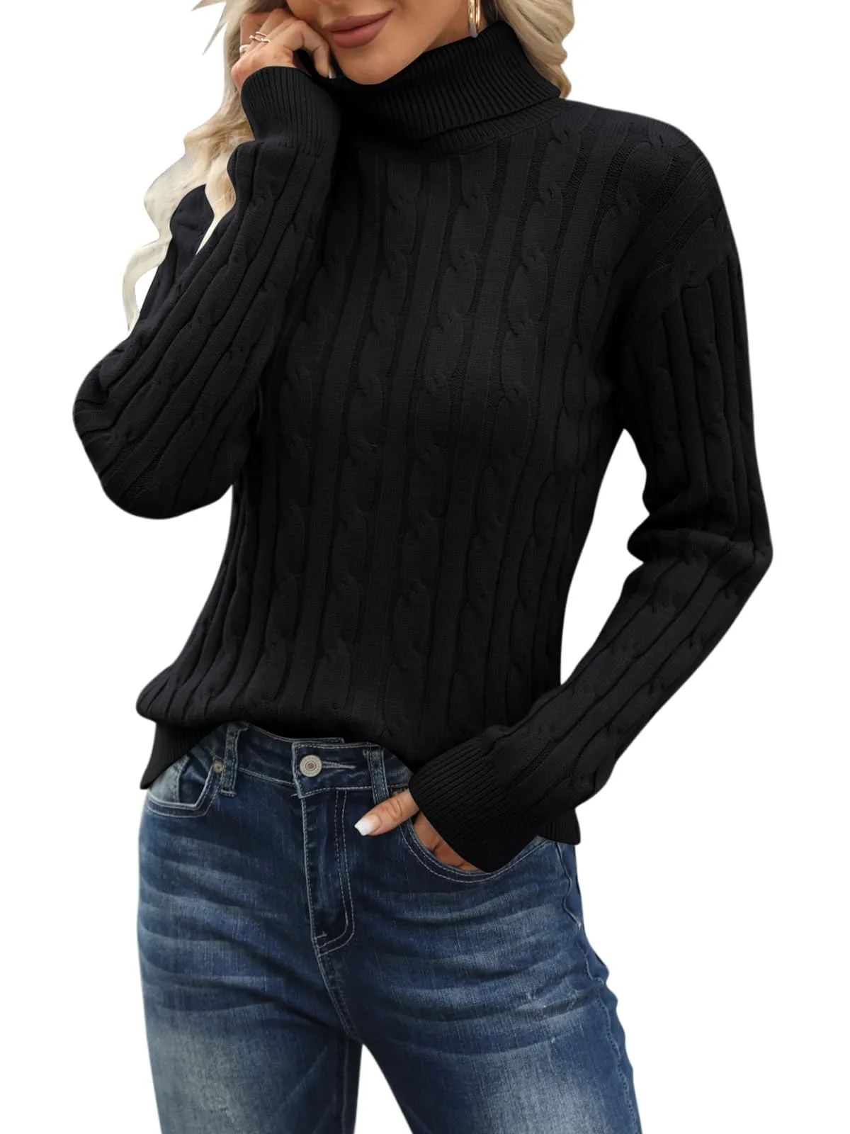 Esobo Women's Classic-fit Lightweight Cable Long Sleeve Mockneck Loose Casual Sweater Jumpers