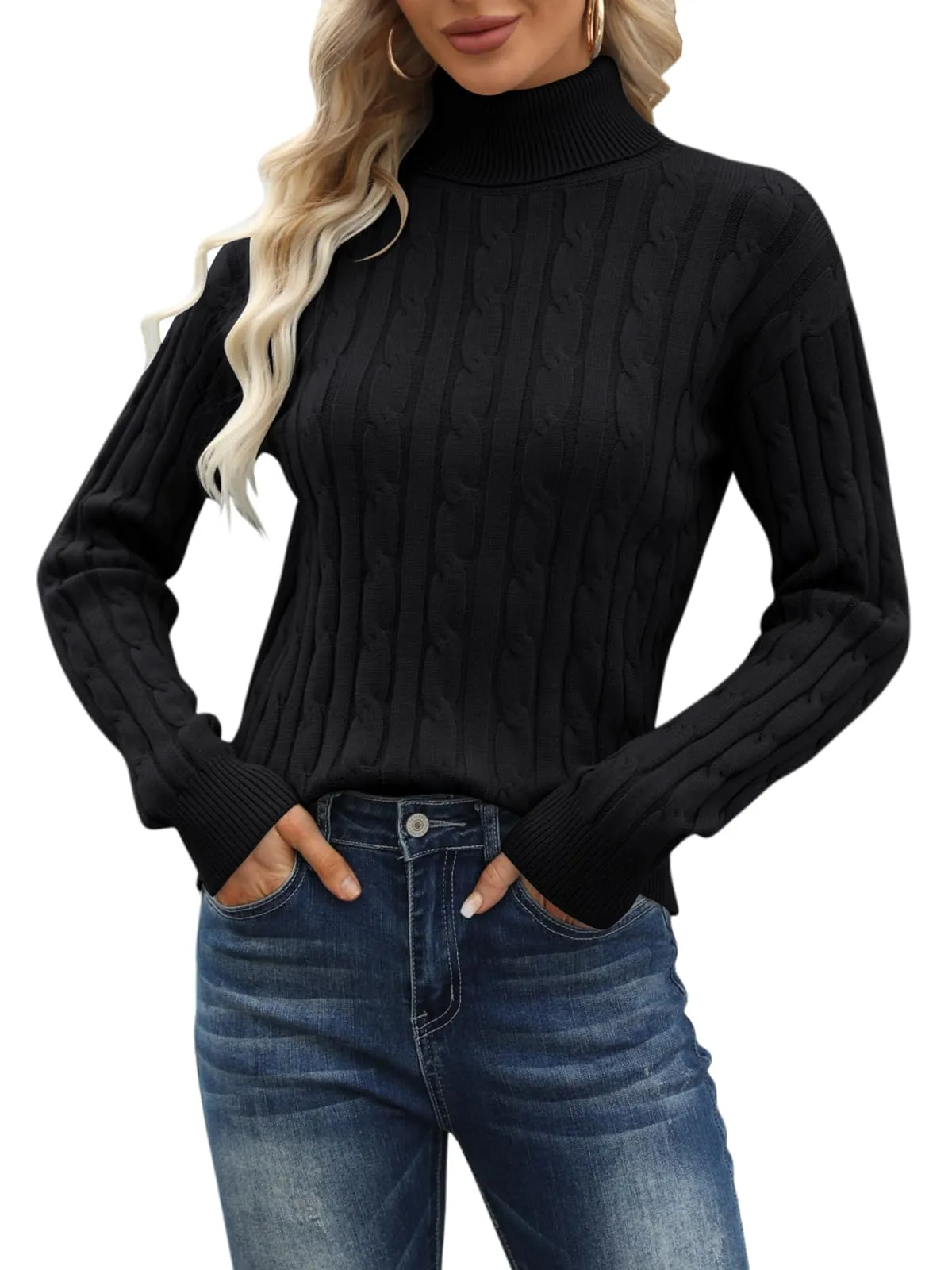 Esobo Women's Classic-fit Lightweight Cable Long Sleeve Mockneck Loose Casual Sweater Jumpers