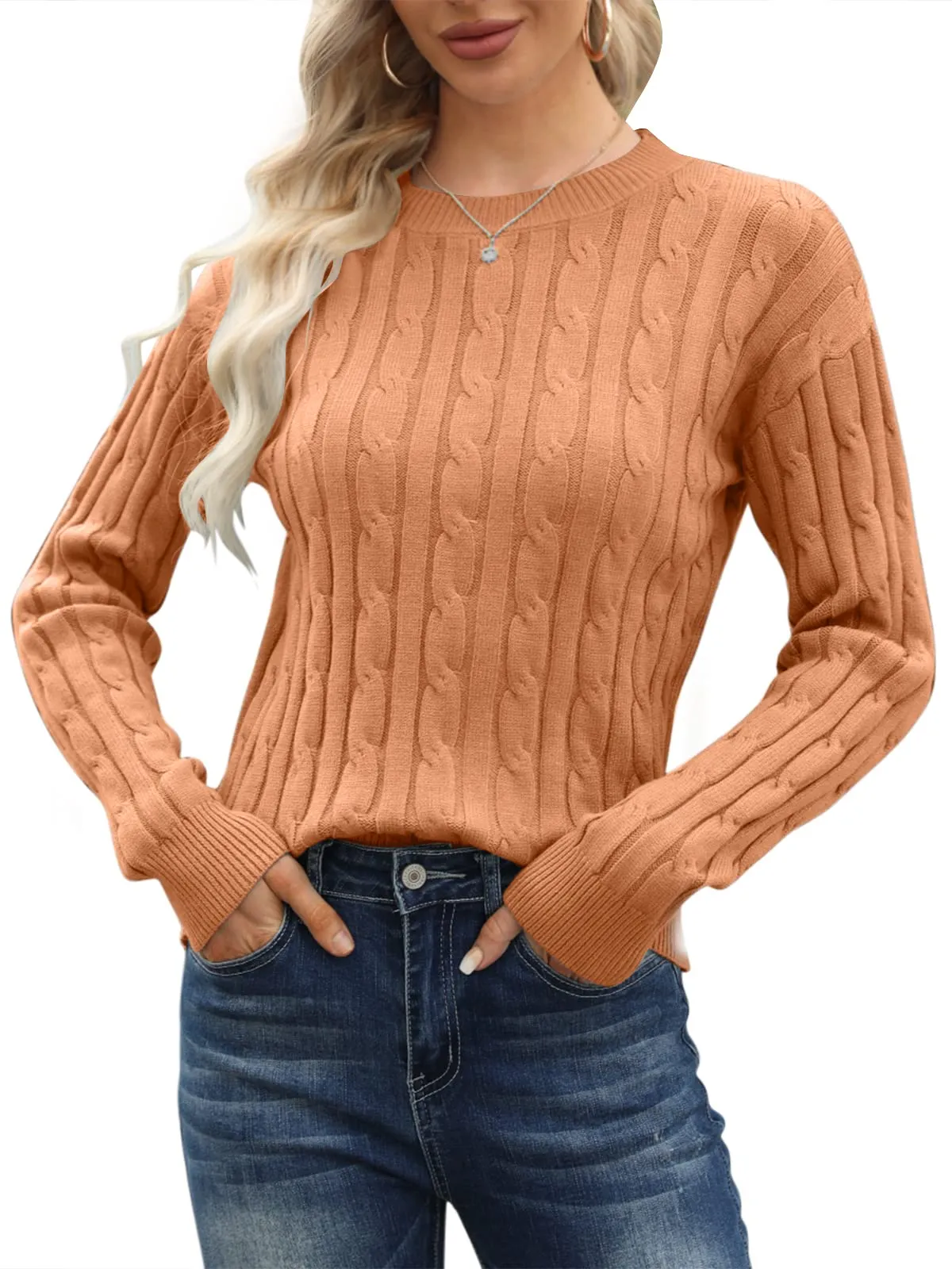 Esobo Women's Classic-fit Lightweight Cable Long Sleeve Mockneck Loose Casual Sweater Jumpers