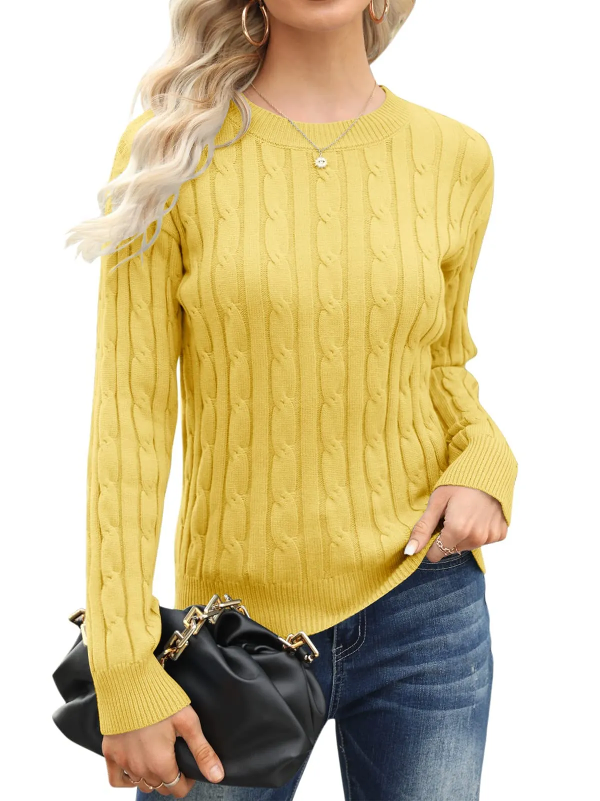 Esobo Women's Classic-fit Lightweight Cable Long Sleeve Mockneck Loose Casual Sweater Jumpers